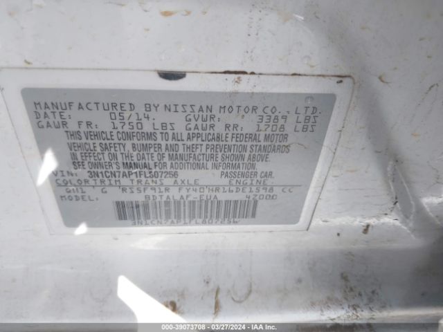 3N1CN7AP1FL807256 Nissan Versa 1.6 S