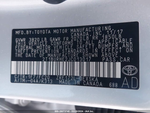 Toyota COROLLA SE 2018 2T1BURHE2JC013017 Image 9