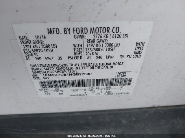 Ford EXPLORER XLT 2017 1FM5K7D81HGB27590 Image 9