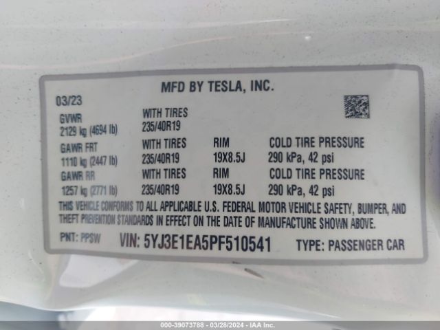 5YJ3E1EA5PF510541 Tesla Model 3 Rear-wheel Drive