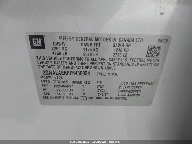 Chevrolet EQUINOX LS 2015 2GNALAEK8F6436954 Image 9