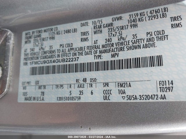 Ford ESCAPE SE 2016 1FMCU9GX4GUB22237 Image 9
