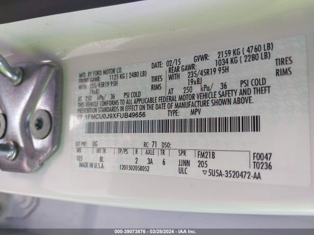 Ford Escape Titanium 2015 1FMCU0J9XFUB49656 Image 9