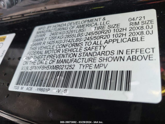 Honda Passport Awd Ex-l 2021 5FNYF8H5XMB021252 Image 9