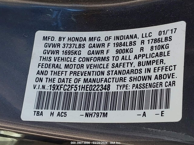 Honda Civic Lx 2017 19XFC2F51HE022348 Image 9