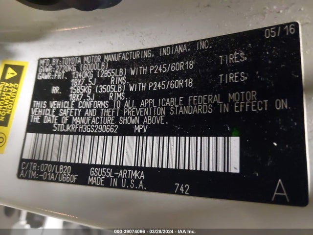 Toyota Highlander Xle V6 2016 5TDJKRFH3GS290662 Image 9