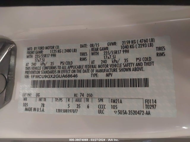 Ford ESCAPE SE 2016 1FMCU9GX2GUA68646 Image 9