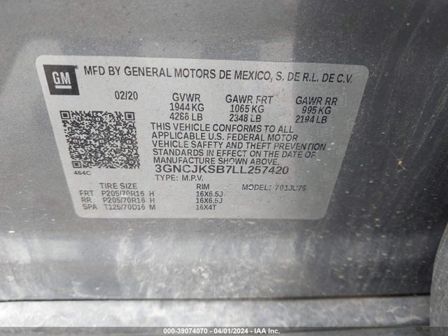 Chevrolet Trax Fwd Ls 2020 3GNCJKSB7LL257420 Image 9
