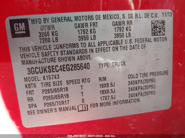 Chevrolet Silverado 1500 1lz 2014 3GCUKSEC4EG285640 Image 9