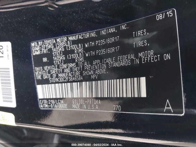 Toyota Sienna Xle 8 Passenger 2015 5TDYK3DC2FS646584 Image 9