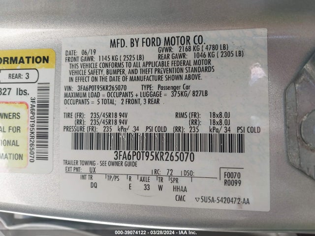 Ford FUSION SE 2019 3FA6P0T95KR265070 Image 9