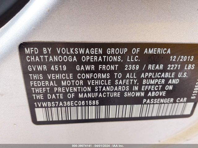 1VWBS7A36EC061585 Volkswagen Passat 1.8t Se