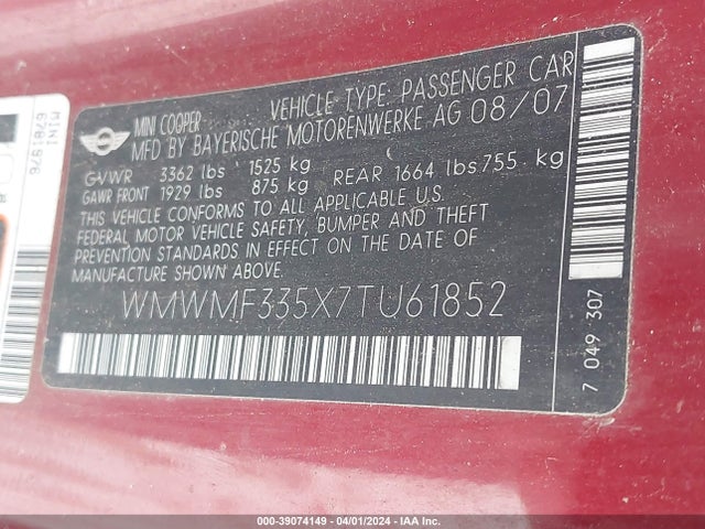 2007 MINI COOPER WMWMF335X7TU61852 Photo 8