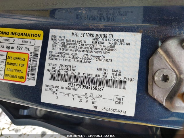 Ford FUSION SEL 2019 3FA6P0CD9KR150587 Image 9