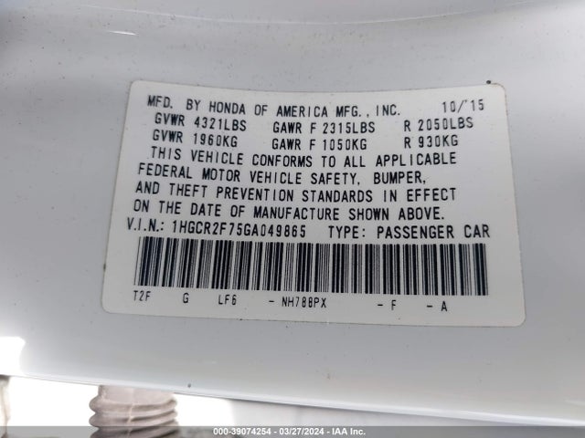 Honda ACCORD EX 2016 1HGCR2F75GA049865 Image 9