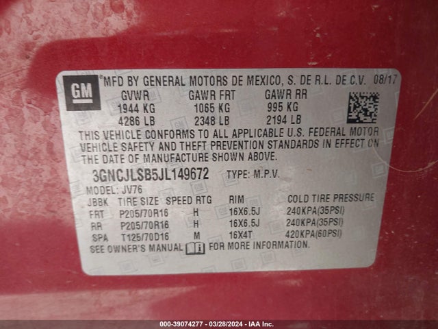 Chevrolet Trax Lt 2018 3GNCJLSB5JL149672 Image 9