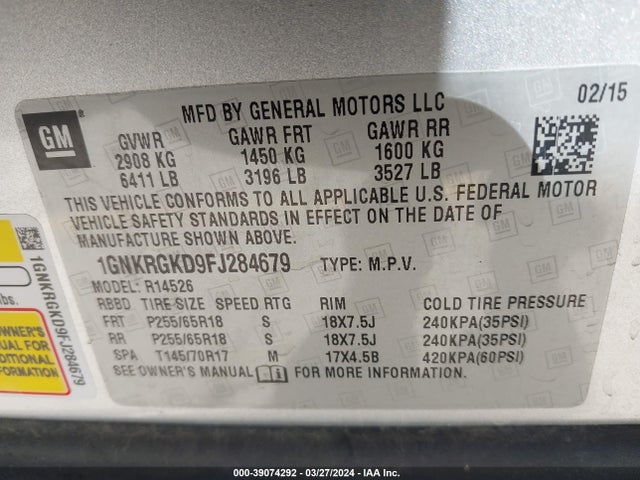 Chevrolet Traverse 1lt 2015 1GNKRGKD9FJ284679 Image 9