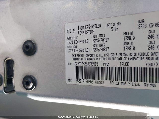 39074313 :رقم المزاد ، 1D7HA16N26J238515 vin ، 2006 Dodge Ram 1500 Slt مزاد بيع