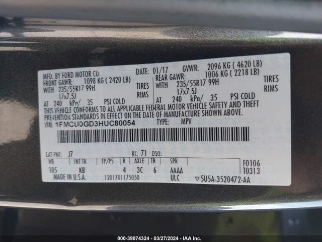 Продажа на аукционе авто 2017 Ford Escape Se, vin: 1FMCU0GD3HUC80054, номер лота: 39074324