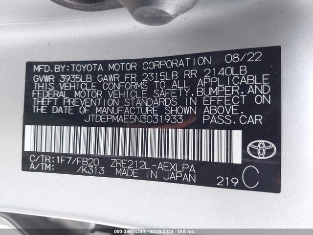 Toyota COROLLA LE 2022 JTDEPMAE5N3031933 Image 9
