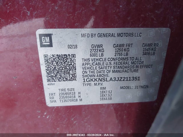 1GKKNSLA3JZ211351 GMC Acadia Sle-2