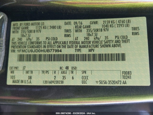 Ford Escape Titanium 2017 1FMCU9JD0HUB77994 Image 9