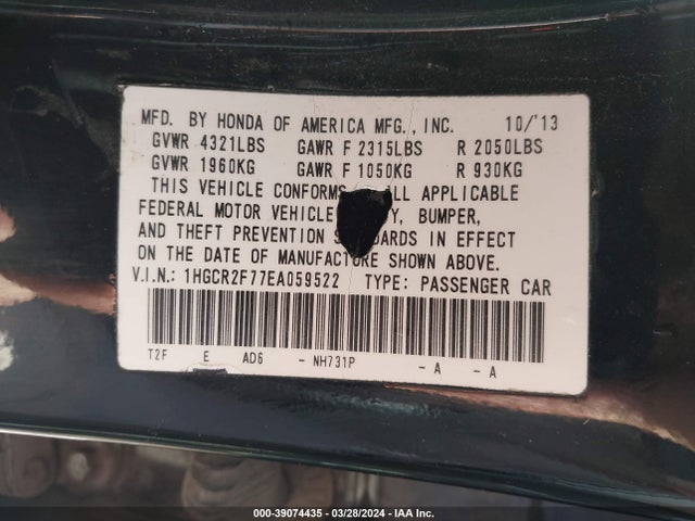 Honda ACCORD EX 2014 1HGCR2F77EA059522 Image 9