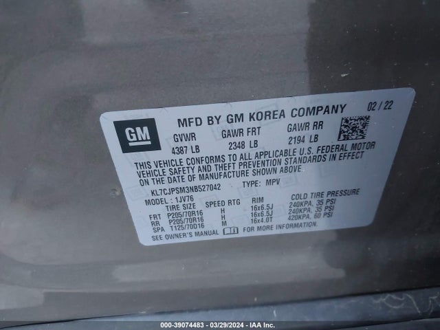 Chevrolet Trax Awd Lt 2022 KL7CJPSM3NB527042 Image 9