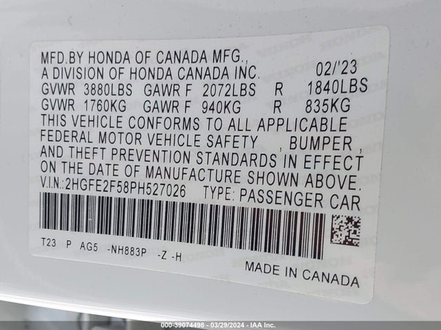 Honda Civic Sport 2023 2HGFE2F58PH527026 Image 9