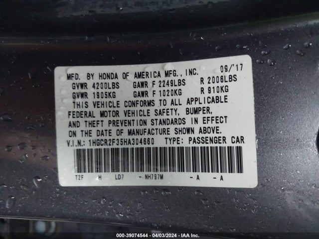 Honda ACCORD LX 2017 1HGCR2F35HA304660 Image 9