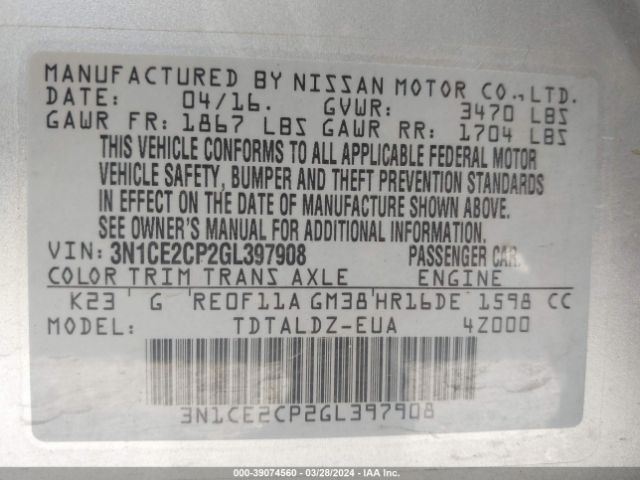 3N1CE2CP2GL397908 Nissan Versa Note Sv