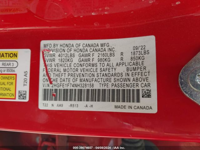 2022 HONDA CIVIC 2HGFE1F74NH328158 Photo 8