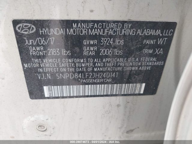 5NPD84LF2JH240141 Hyundai ELANTRA SEL