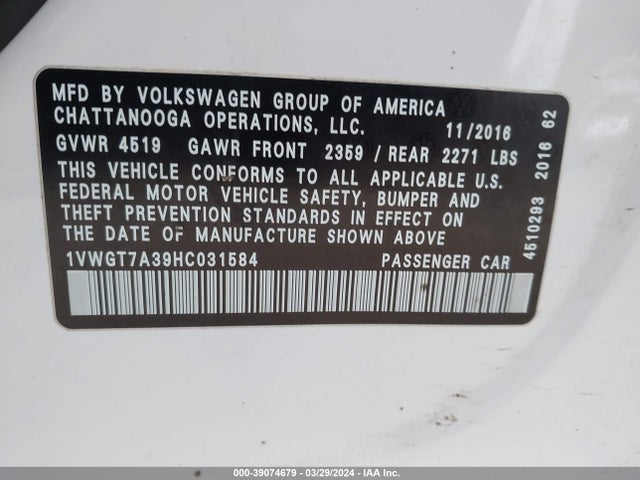 1VWGT7A39HC031584 Volkswagen Passat 1.8t Se