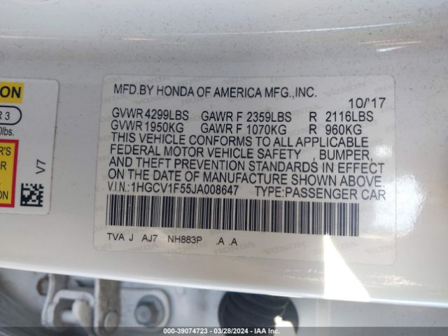 1HGCV1F55JA008647 Honda Accord Ex-l