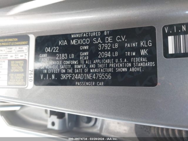3KPF24AD1NE479556 KIA Forte Lxs