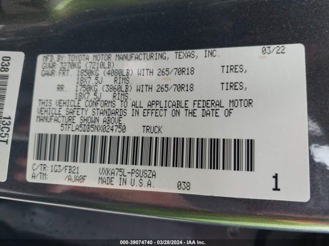Toyota Tundra Sr5 2022 5TFLA5DB5NX024750 Image 9