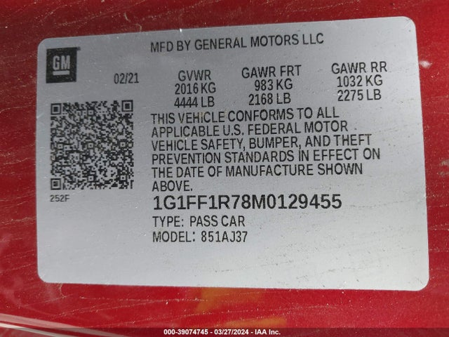 Chevrolet Camaro Rwd  Lt1 2021 1G1FF1R78M0129455 Image 9
