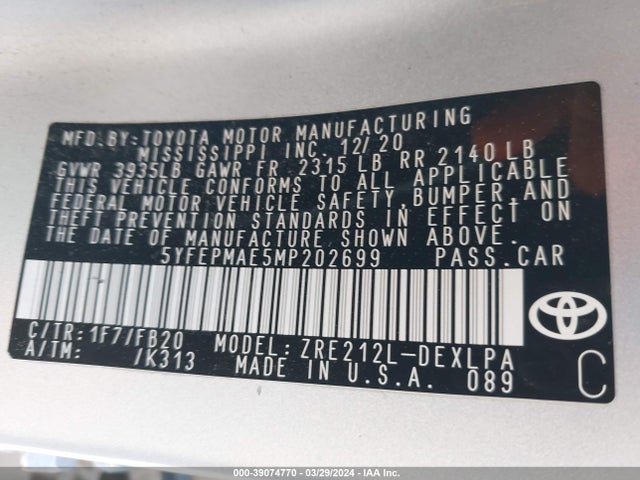 Toyota COROLLA LE 2021 5YFEPMAE5MP202699 Image 9