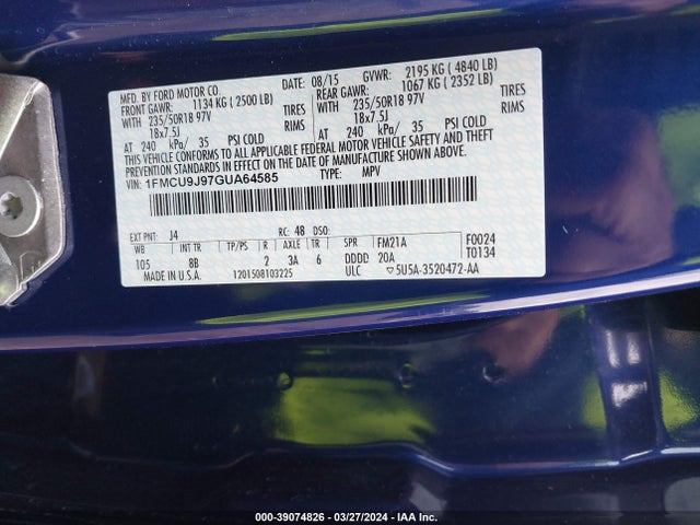 Ford Escape Titanium 2016 1FMCU9J97GUA64585 Image 9
