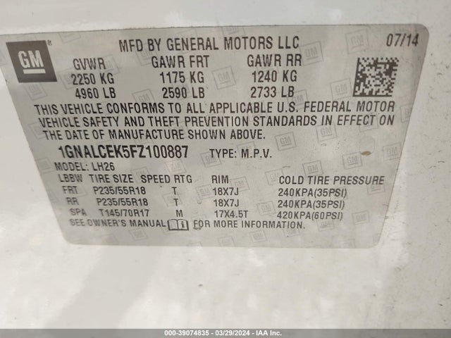 Chevrolet Equinox 2lt 2015 1GNALCEK5FZ100887 Image 9