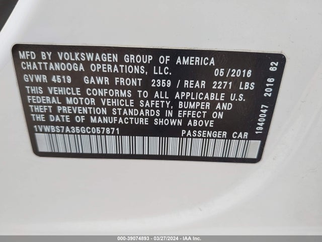 1VWBS7A35GC057871 Volkswagen Passat 1.8t Se