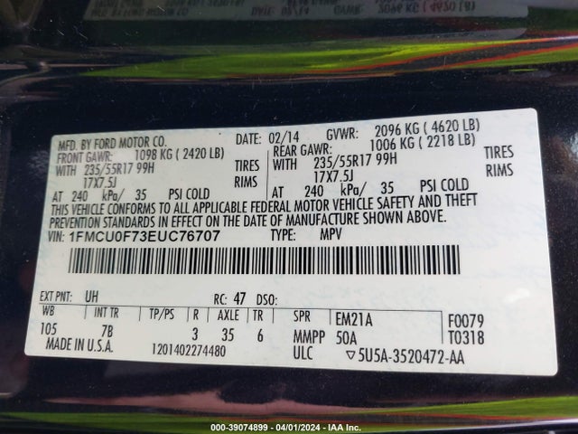 Ford ESCAPE S 2014 1FMCU0F73EUC76707 Image 9