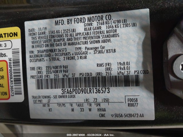 Ford Fusion Titanium 2020 3FA6P0D90LR136573 Image 9
