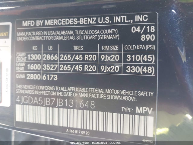 4JGDA5JB7JB131648 Mercedes-Benz GLE 350