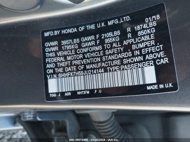 Honda CIVIC EX 2018 SHHFK7H59JU214144 Image 9