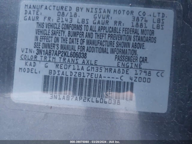 Nissan SENTRA SV 2019 3N1AB7AP2KL606038 Image 9