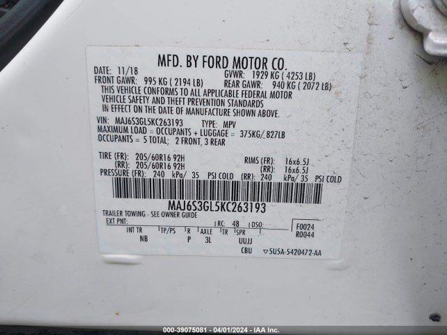 MAJ6S3GL5KC263193 Ford Ecosport Se