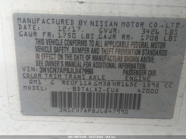 Nissan Versa 1.6 S+ 2018 3N1CN7AP8JL847990 Image 9