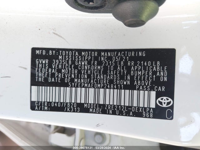 Toyota COROLLA LE 2021 5YFEPMAE0MP248411 Image 9